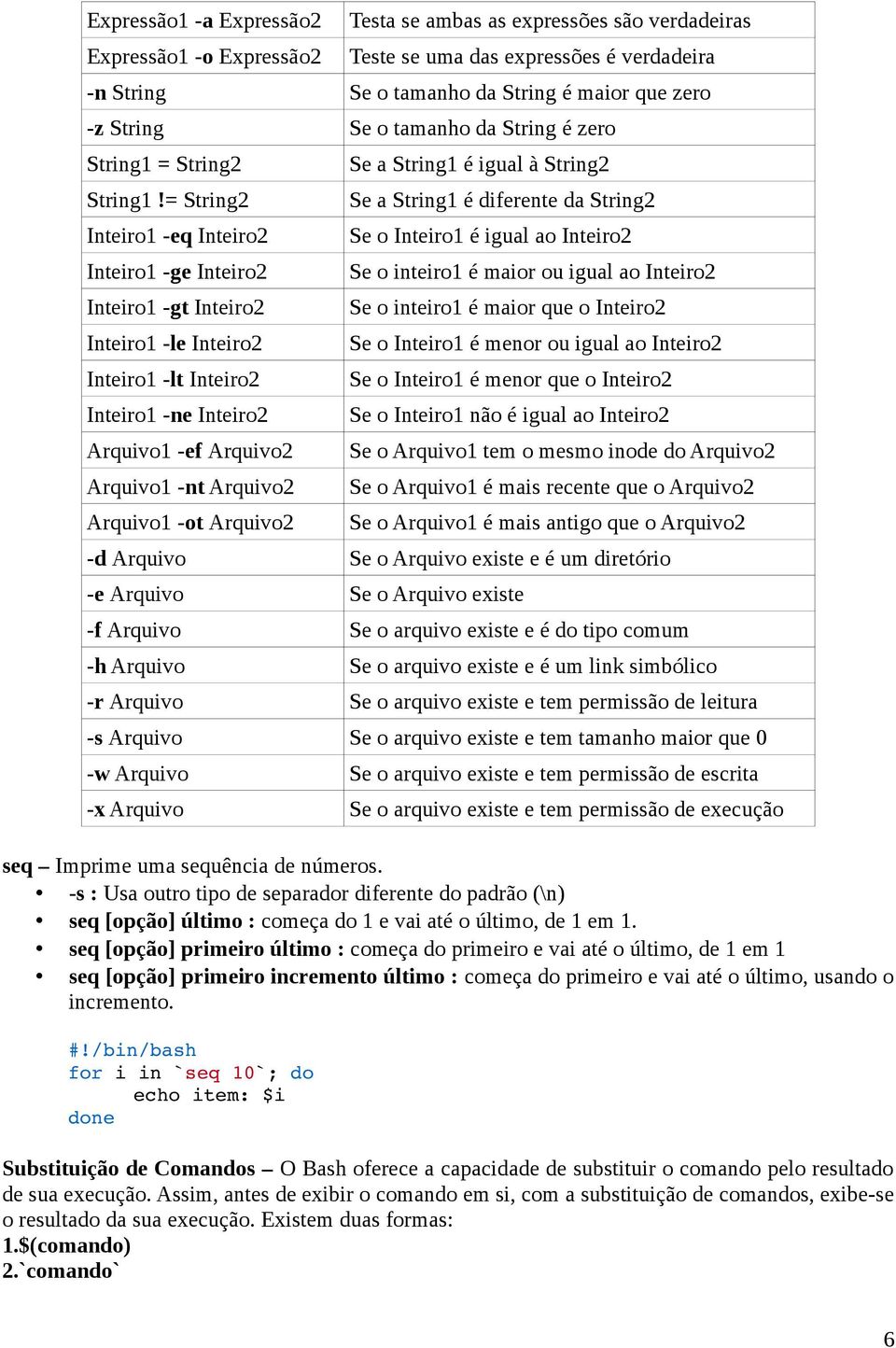 = String2 Inteiro1 -eq Inteiro2 Inteiro1 -ge Inteiro2 Inteiro1 -gt Inteiro2 Inteiro1 -le Inteiro2 Inteiro1 -lt Inteiro2 Inteiro1 -ne Inteiro2 Arquivo1 -ef Arquivo2 Arquivo1 -nt Arquivo2 Arquivo1 -ot