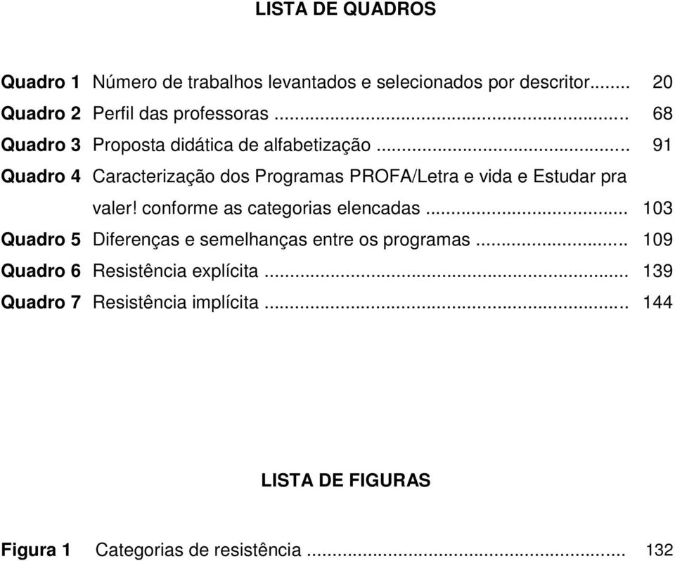 .. 91 Quadro 4 Caracterização dos Programas PROFA/Letra e vida e Estudar pra valer! conforme as categorias elencadas.