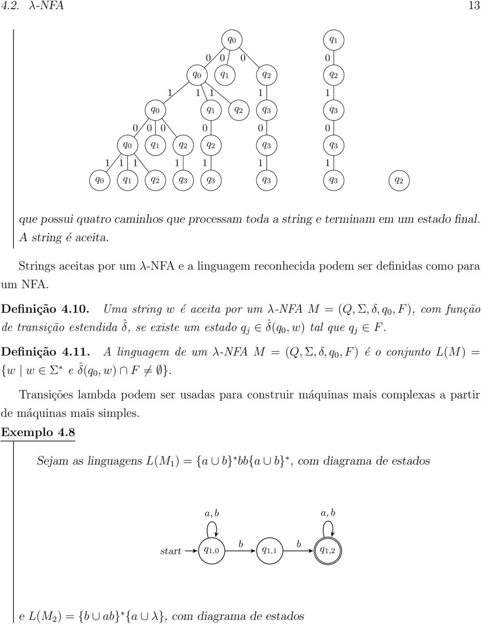 . Um string w é ceit por um -NFA M = (Q, Σ, δ,, F ), com função de trnsição estendid ˆδ, se existe um estdo j ˆδ(, w) tl ue j F. Definição 4.