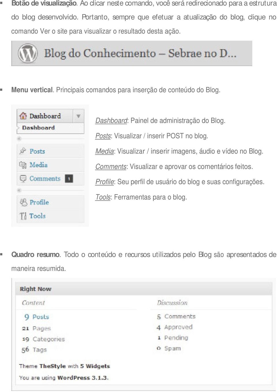 Principais comandos para inserção de conteúdo do Blog. Dashboard: Painel de administração do Blog. Posts: Visualizar / inserir POST no blog.