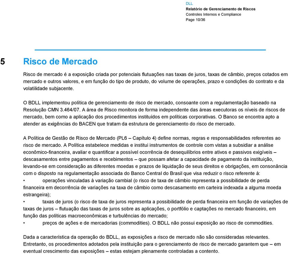 O BDLL implementou política de gerenciamento de risco de mercado, consoante com a regulamentação baseado na Resolução CMN 3.464/7.