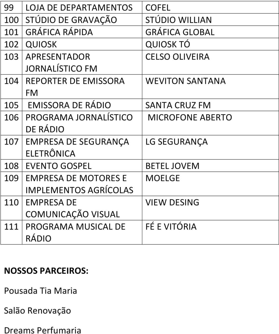 DE RÁDIO 107 EMPRESA DE SEGURANÇA LG SEGURANÇA ELETRÔNICA 108 EVENTO GOSPEL BETEL JOVEM 109 EMPRESA DE MOTORES E MOELGE IMPLEMENTOS AGRÍCOLAS 110