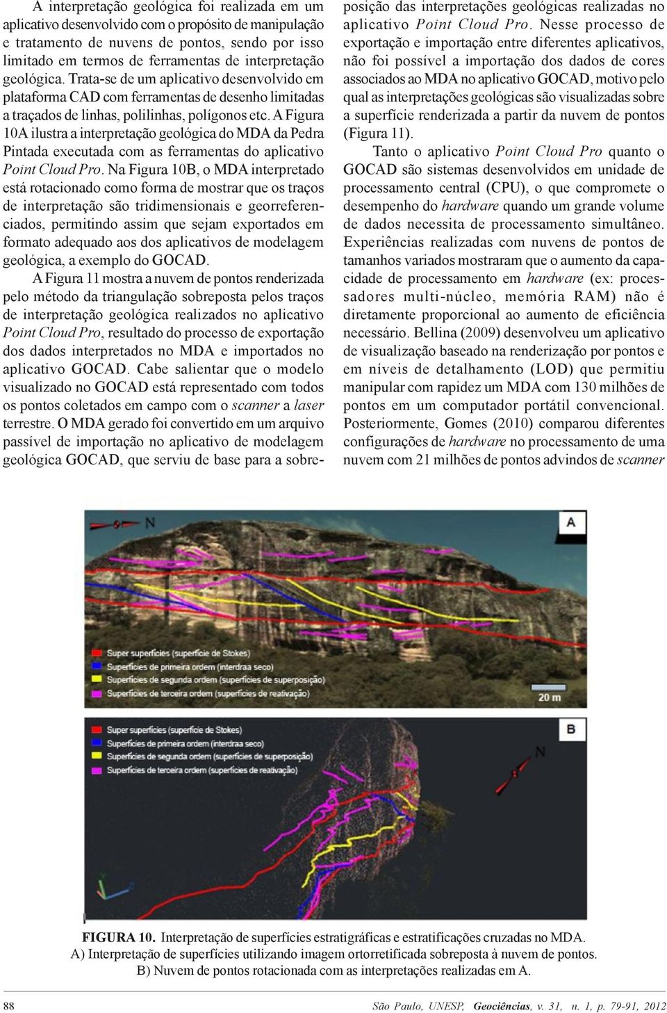 A Figura 10A ilustra a interpretação geológica do MDA da Pedra Pintada executada com as ferramentas do aplicativo Point Cloud Pro.