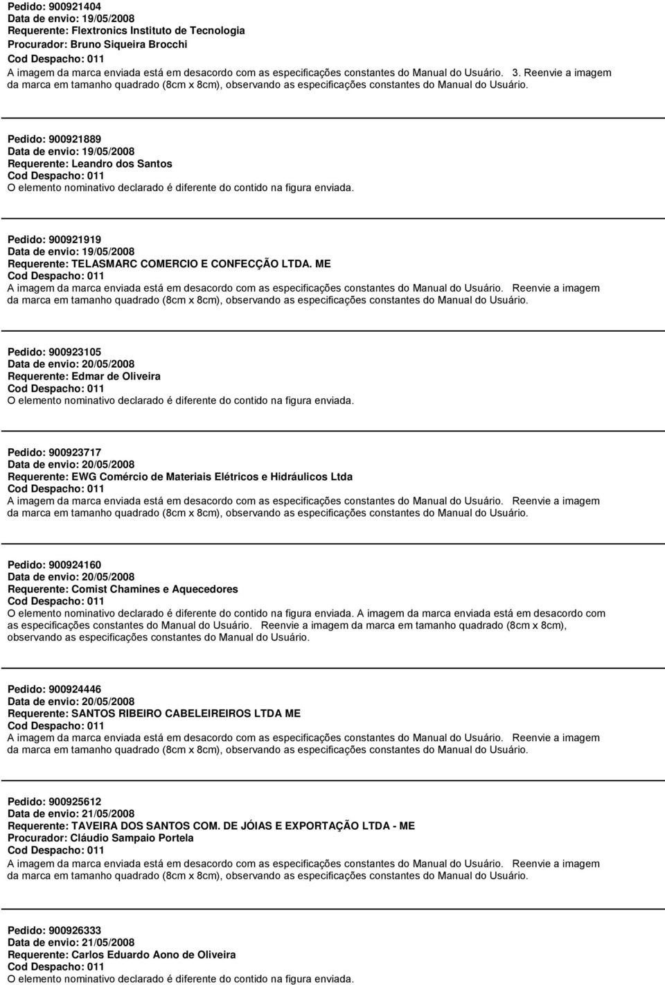 Pedido: 900921889 Data de envio: 19/05/2008 Requerente: Leandro dos Santos Cod Despacho: 011 O elemento nominativo declarado é diferente do contido na figura enviada.