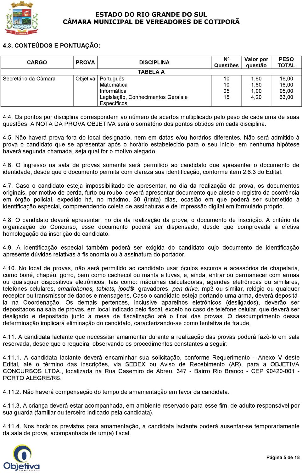 A NOTA DA PROVA OBJETIVA será o somatório dos pontos obtidos em cada disciplina. 4.5. Não haverá prova fora do local designado, nem em datas e/ou horários diferentes.