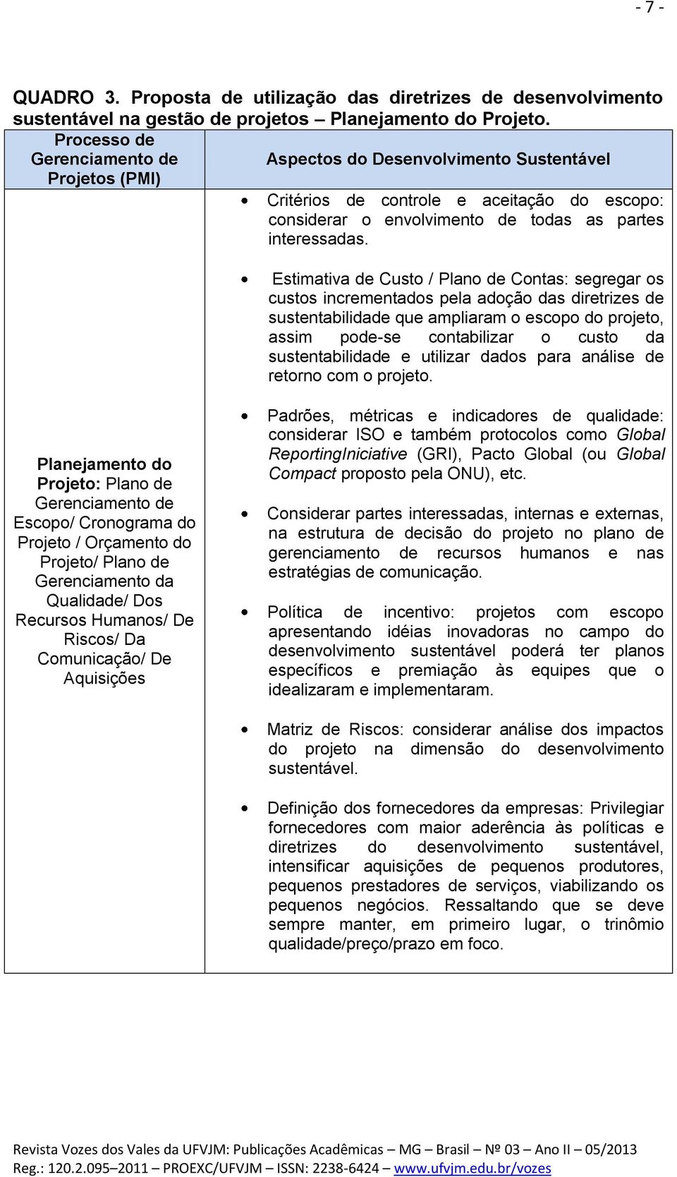 Estimativa de Custo / Plano de Contas: segregar os custos incrementados pela adoção das diretrizes de sustentabilidade que ampliaram o escopo do projeto, assim pode-se contabilizar o custo da