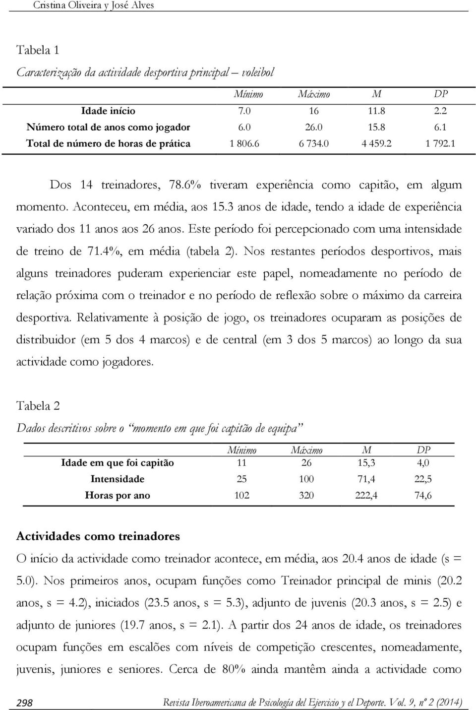 3 anos de idade, tendo a idade de experiência variado dos 11 anos aos 26 anos. Este período foi percepcionado com uma intensidade de treino de 71.4%, em média (tabela 2).