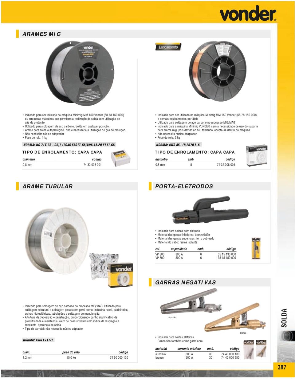 Não necessita núcleo adaptador Peso do rolo: 1 kg Indicado para ser utilizado na máquina Minimig MM 150 Vonder (68 78 150 000), e demais equipamentos portáteis Utilizado para soldagem de aço carbono