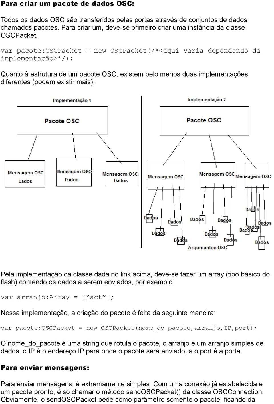 var pacote:oscpacket = new OSCPacket(/*<aqui varia dependendo da implementação>*/); Quanto à estrutura de um pacote OSC, existem pelo menos duas implementações diferentes (podem existir mais): Pela