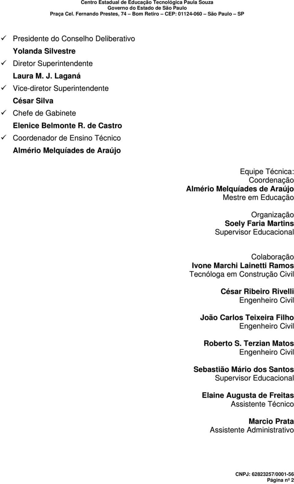 Supervisor Educacional Colaboração Ivone Marchi Lainetti Ramos Tecnóloga em Construção Civil César Ribeiro Rivelli Engenheiro Civil João Carlos Teixeira Filho Engenheiro Civil