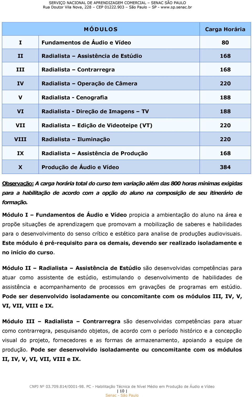 Observação: A carga horária total do curso tem variação além das 800 horas mínimas exigidas para a habilitação de acordo com a opção do aluno na composição de seu itinerário de formação.