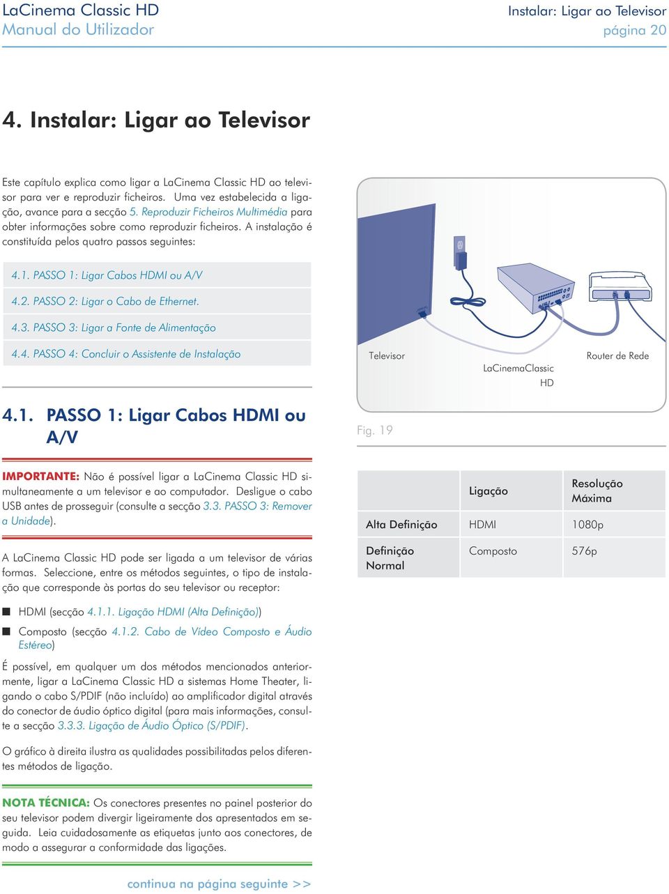 A instalação é constituída pelos quatro passos seguintes: 4.1. PASSO 1: Ligar Cabos HDMI ou A/V 4.2. PASSO 2: Ligar o Cabo de Ethernet. 4.3. PASSO 3: Ligar a Fonte de Alimentação 4.4. PASSO 4: Concluir o Assistente de Instalação Televisor LaCinemaClassic HD Router de Rede 4.