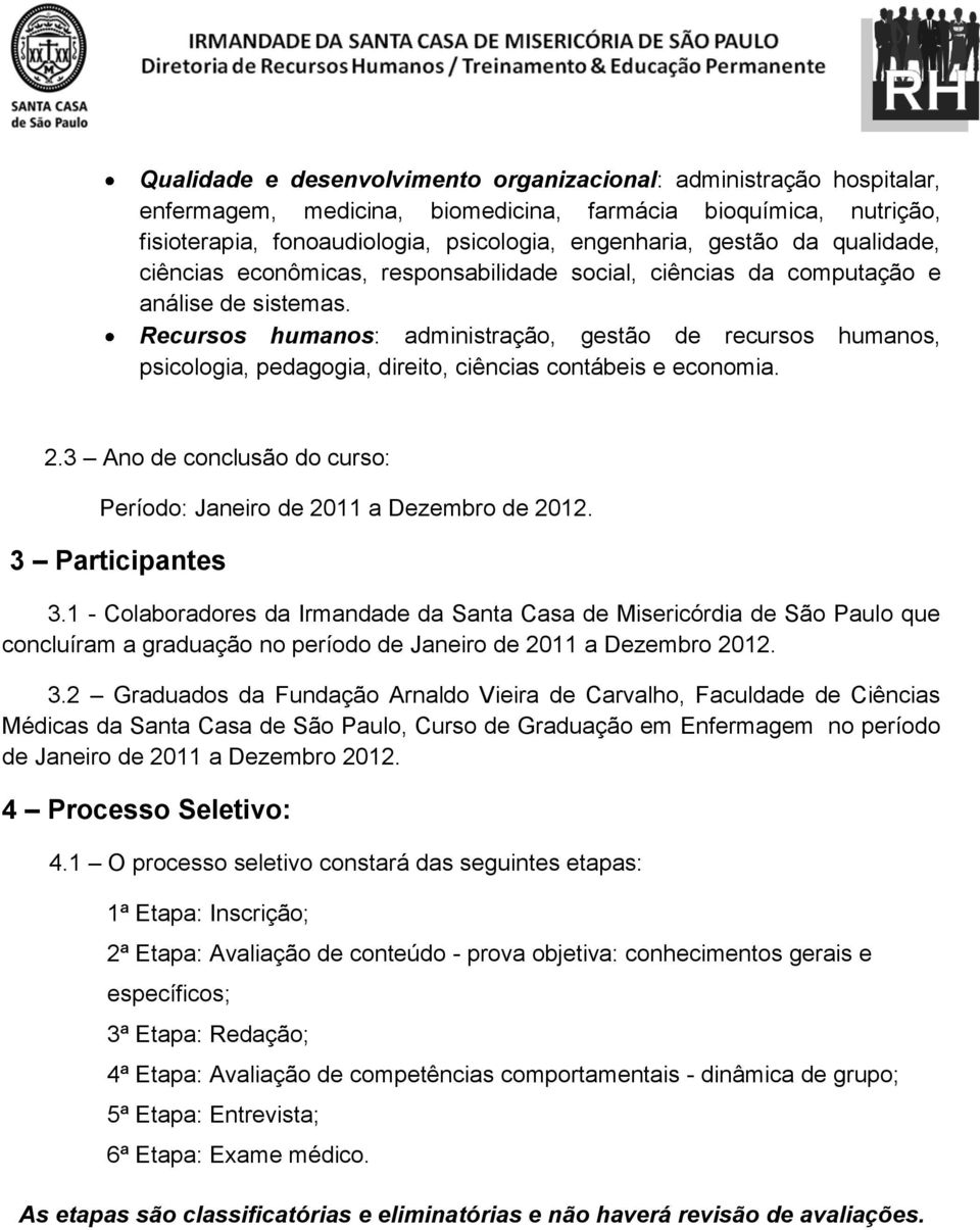 Recursos humanos: administração, gestão de recursos humanos, psicologia, pedagogia, direito, ciências contábeis e economia. 2.3 Ano de conclusão do curso: Período: Janeiro de 2011 a Dezembro de 2012.