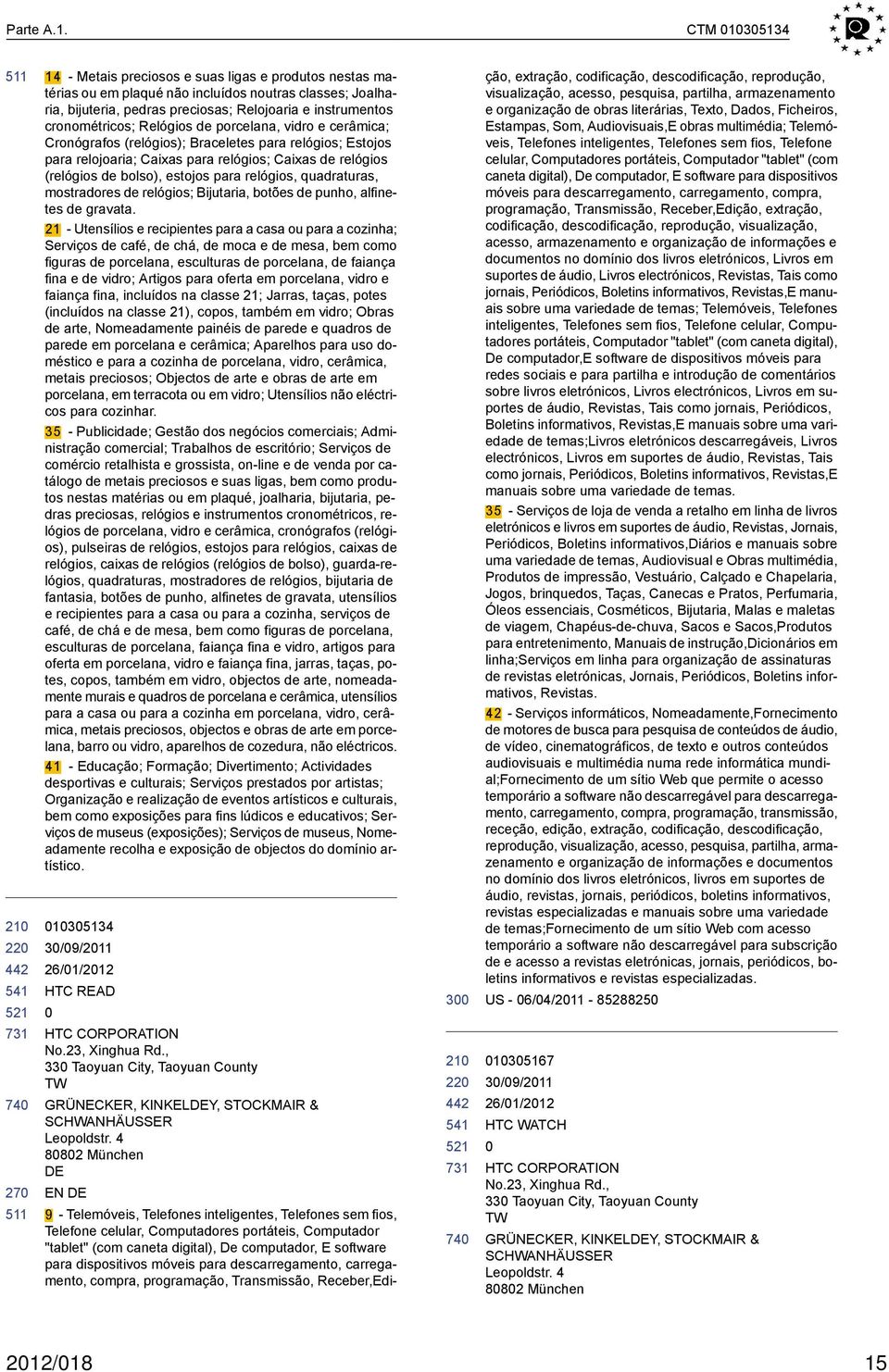 cronométricos; Relógios de porcelana, vidro e cerâmica; Cronógrafos (relógios); Braceletes para relógios; Estojos para relojoaria; Caixas para relógios; Caixas de relógios (relógios de bolso),