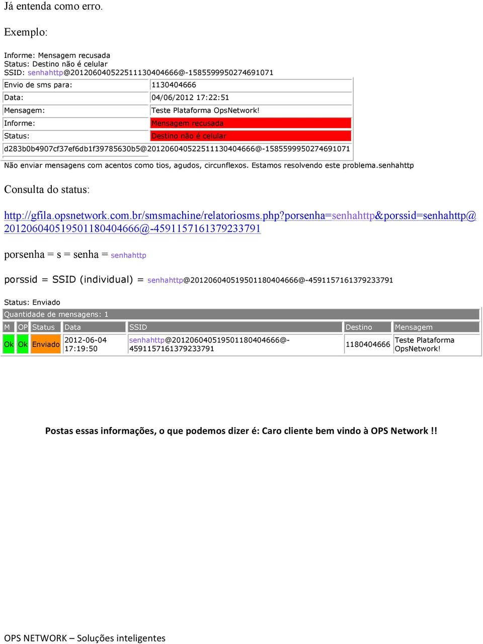 Informe: Status: Teste Plataforma OpsNetwork!