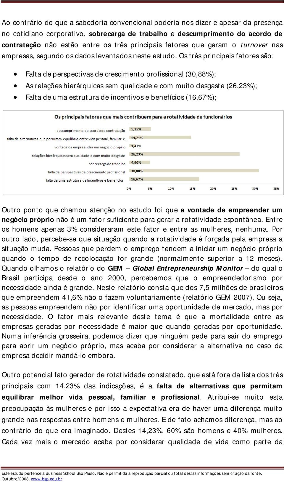 Os três principais fatores são: Falta de perspectivas de crescimento profissional (30,88%); As relações hierárquicas sem qualidade e com muito desgaste (26,23%); Falta de uma estrutura de incentivos