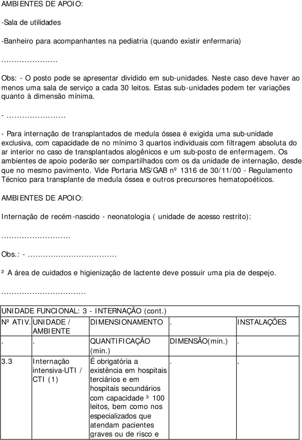 .. - Para internação de transplantados de medula óssea é exigida uma sub-unidade exclusiva, com capacidade de no mínimo 3 quartos individuais com filtragem absoluta do ar interior no caso de