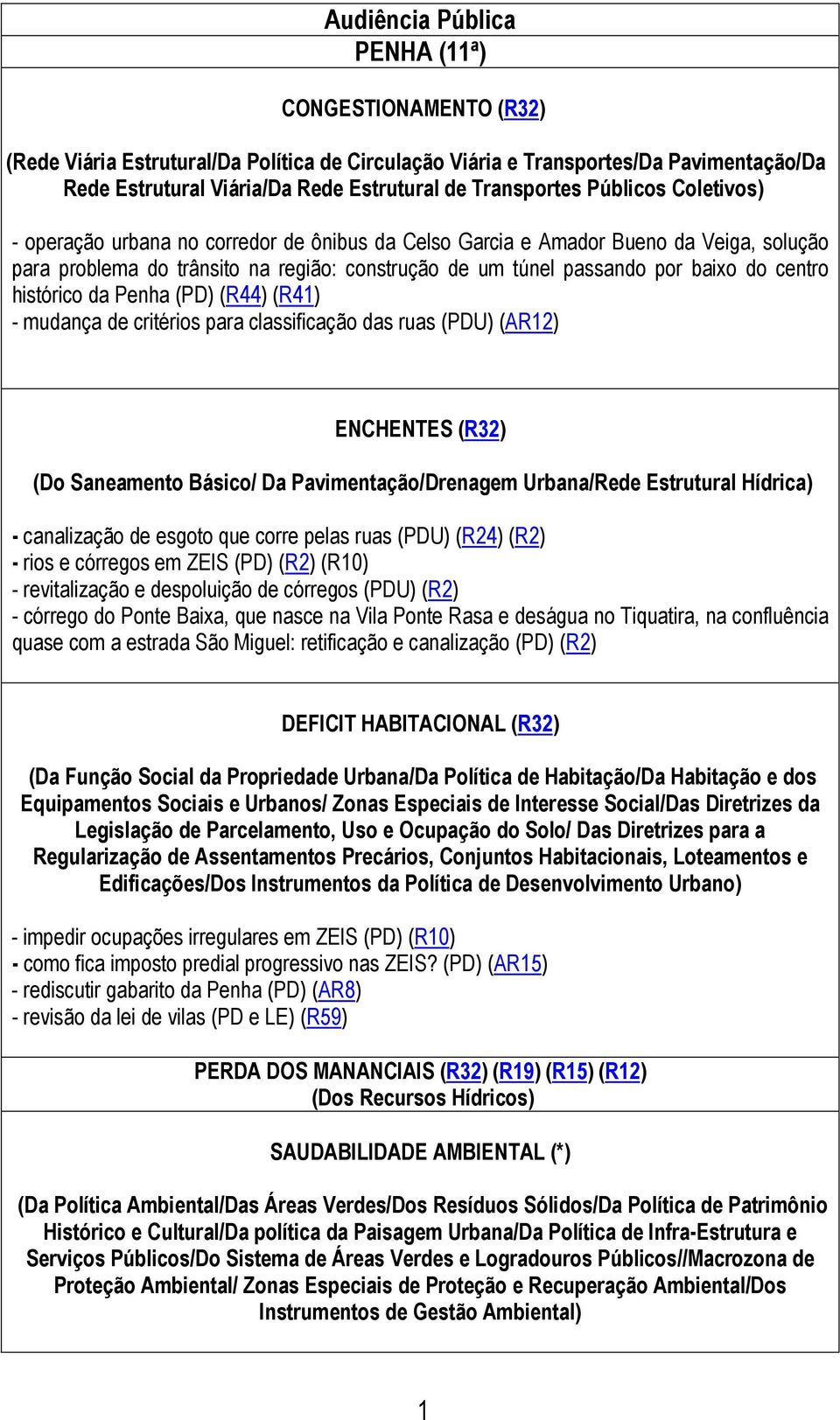 histórico da Penha (PD) (R44) (R41) - mudança de critérios para classificação das ruas (PDU) (AR12) ENCHENTES (R32) (Do Saneamento Básico/ Da Pavimentação/Drenagem Urbana/Rede Estrutural Hídrica) -