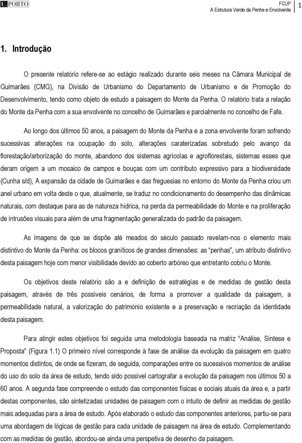 O relatório trata a relação do Monte da Penha com a sua envolvente no concelho de Guimarães e parcialmente no concelho de Fafe.