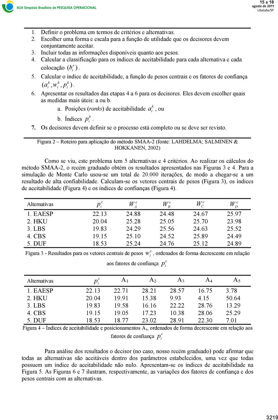 Calular o índe de aetabldade, a função de pesos entras e os fatores de onfança ( a, w, p ). 6. Apresentar os resultados das etapas 4 a 6 para os desores.