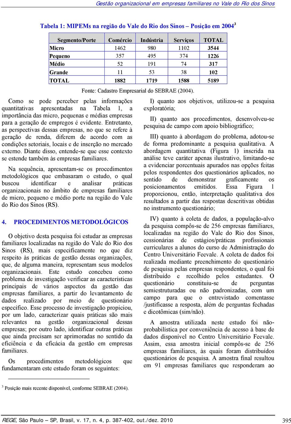 Como se pode perceber pelas informações quantitativas apresentadas na Tabela 1, a importância das micro, pequenas e médias empresas para a geração de empregos é evidente.