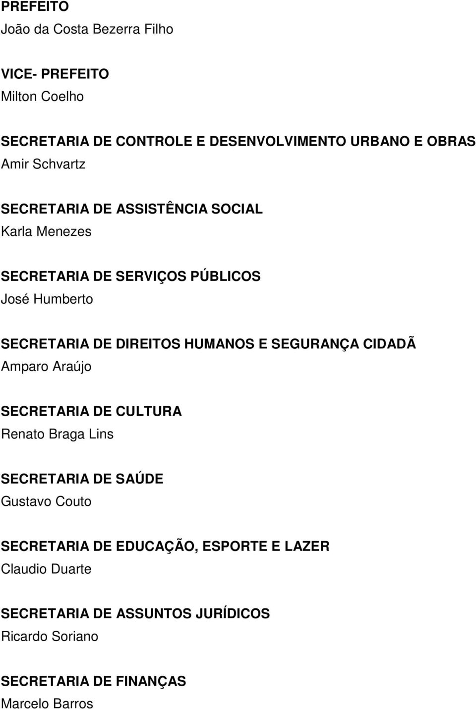 HUMANOS E SEGURANÇA CIDADÃ Amparo Araújo SECRETARIA DE CULTURA Renato Braga Lins SECRETARIA DE SAÚDE Gustavo Couto SECRETARIA