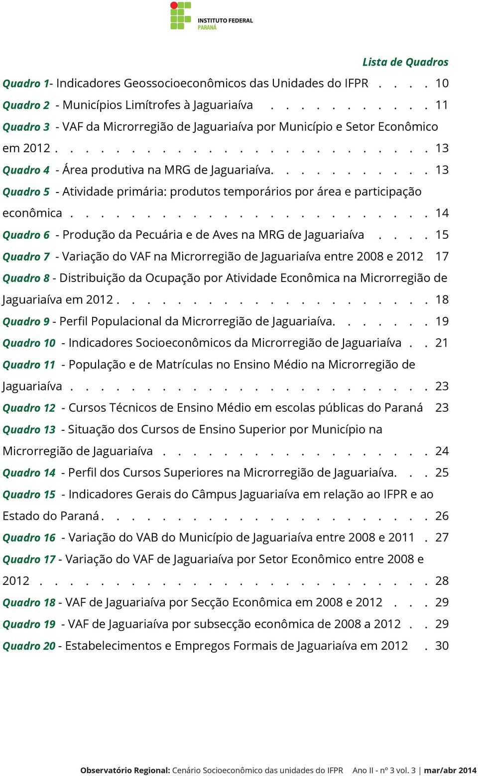 .......... 13 Quadro 5 - Atividade primária: produtos temporários por área e participação econômica.