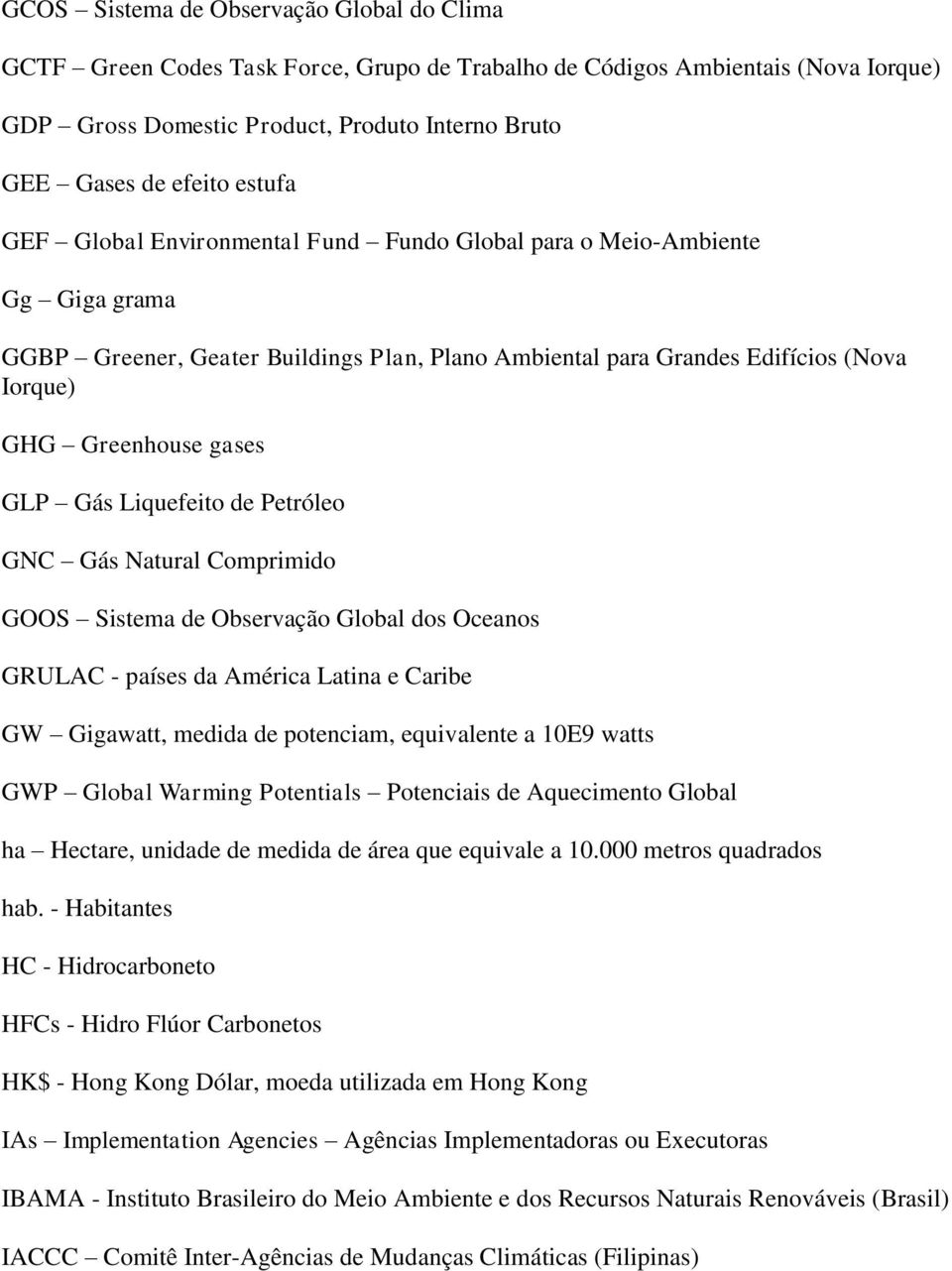 Gás Liquefeito de Petróleo GNC Gás Natural Comprimido GOOS Sistema de Observação Global dos Oceanos GRULAC - países da América Latina e Caribe GW Gigawatt, medida de potenciam, equivalente a 10E9