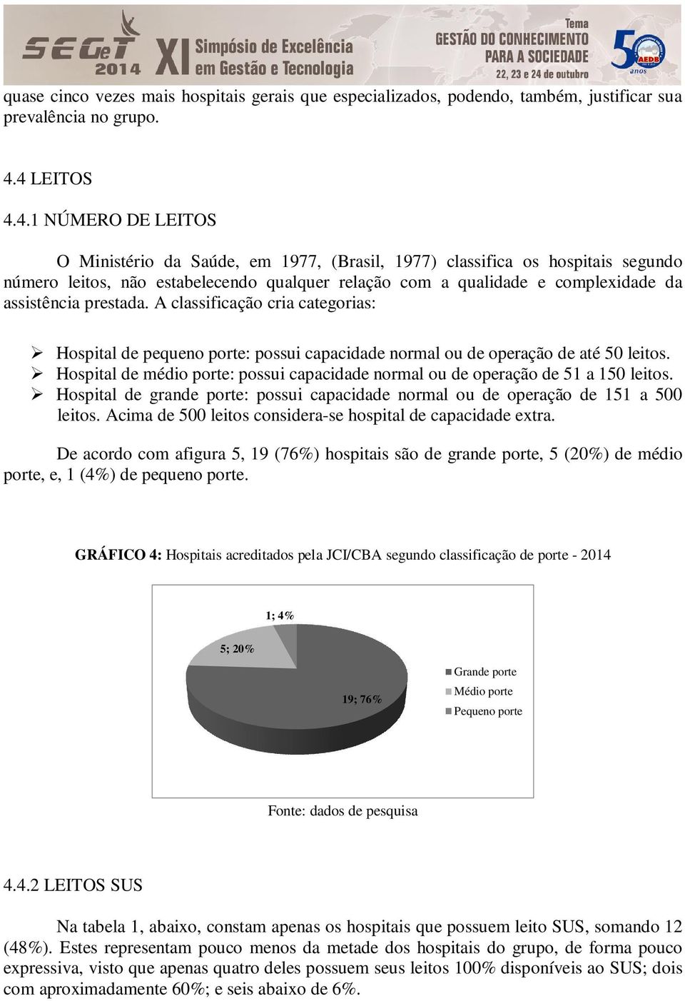 assistência prestada. A classificação cria categorias: Hospital de pequeno porte: possui capacidade normal ou de operação de até 50 leitos.