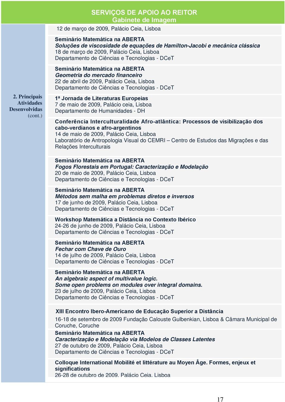 ) Seminário Matemática na ABERTA Geometria do mercado financeiro 22 de abril de 2009, Palácio Ceia, Lisboa Departamento de Ciências e Tecnologias - DCeT 1ª Jornada de Literaturas Europeias 7 de maio