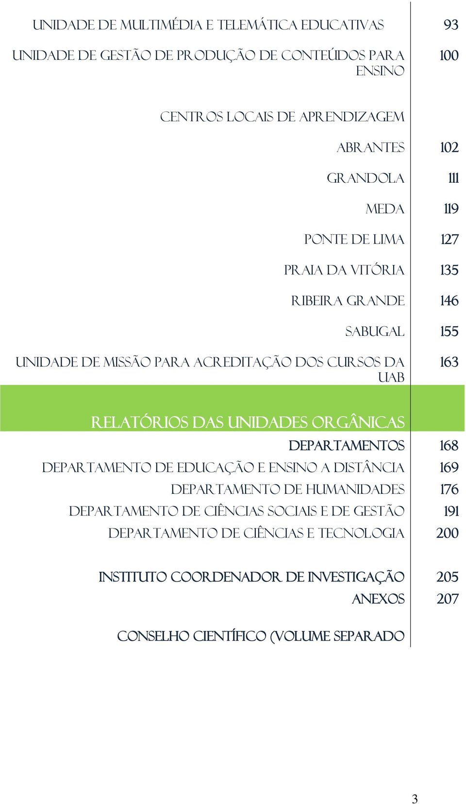 Relatórios das unidades orgânicas DEPARTAMENTOS DEPARTAMENTO DE EDUCAÇÃO e ensino a distância 168 169 DEPARTAMENTO DE humanidades 176 DEPARTAMENTO DE