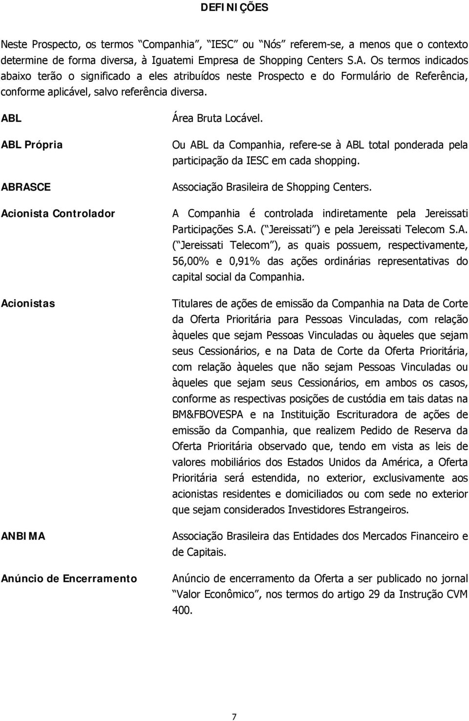 ABL ABL Própria ABRASCE Acionista Controlador Acionistas ANBIMA Anúncio de Encerramento Área Bruta Locável.