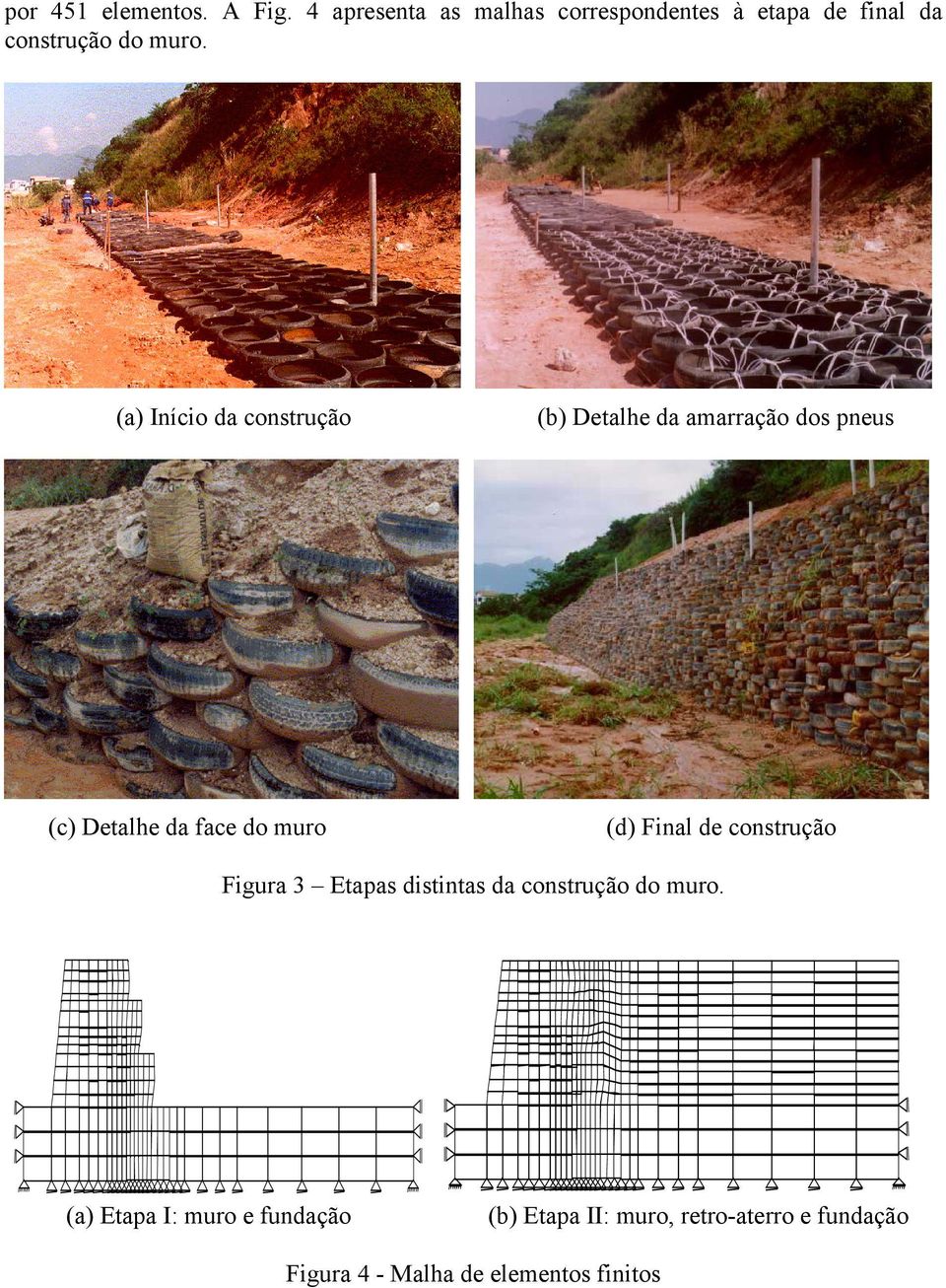 (a) Início da construção (b) Detalhe da amarração dos pneus (c) Detalhe da face do muro (d)