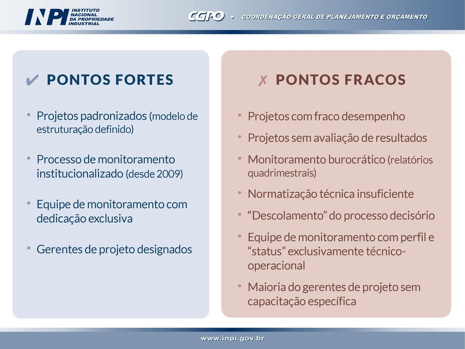 avaliação de resultados Monitoramento burocrático (relatórios quadrimestrais) Normatização técnica insuficiente Descolamento do processo