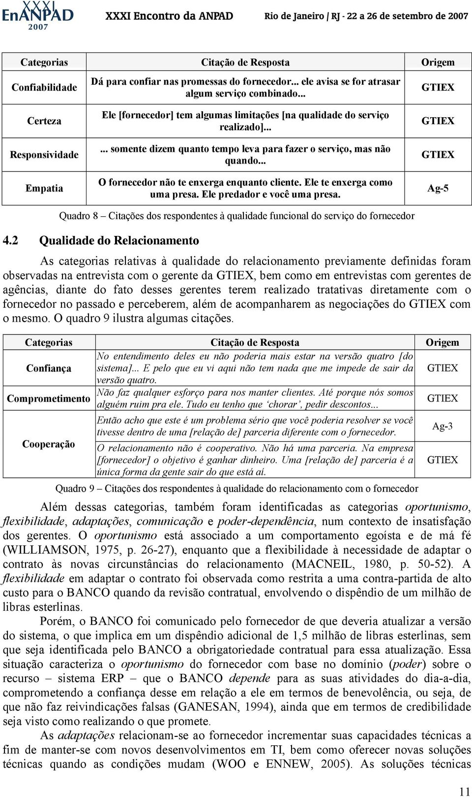 Ele te enxerga como uma presa. Ele predador e você uma presa. GTIEX GTIEX GTIEX Ag-5 Quadro 8 Citações dos respondentes à qualidade funcional do serviço do fornecedor 4.