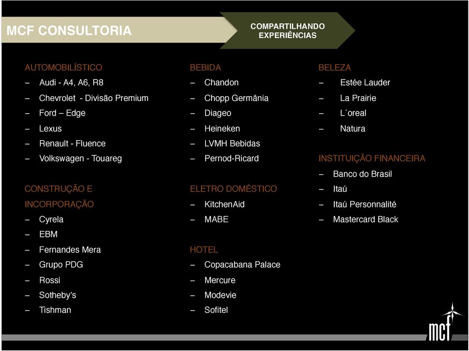 Chopp Germânia! Diageo! Heineken! LVMH Bebidas! Pernod-Ricard! ELETRO DOMÉSTICO! KitchenAid! MABE! HOTEL! Copacabana Palace! Mercure!