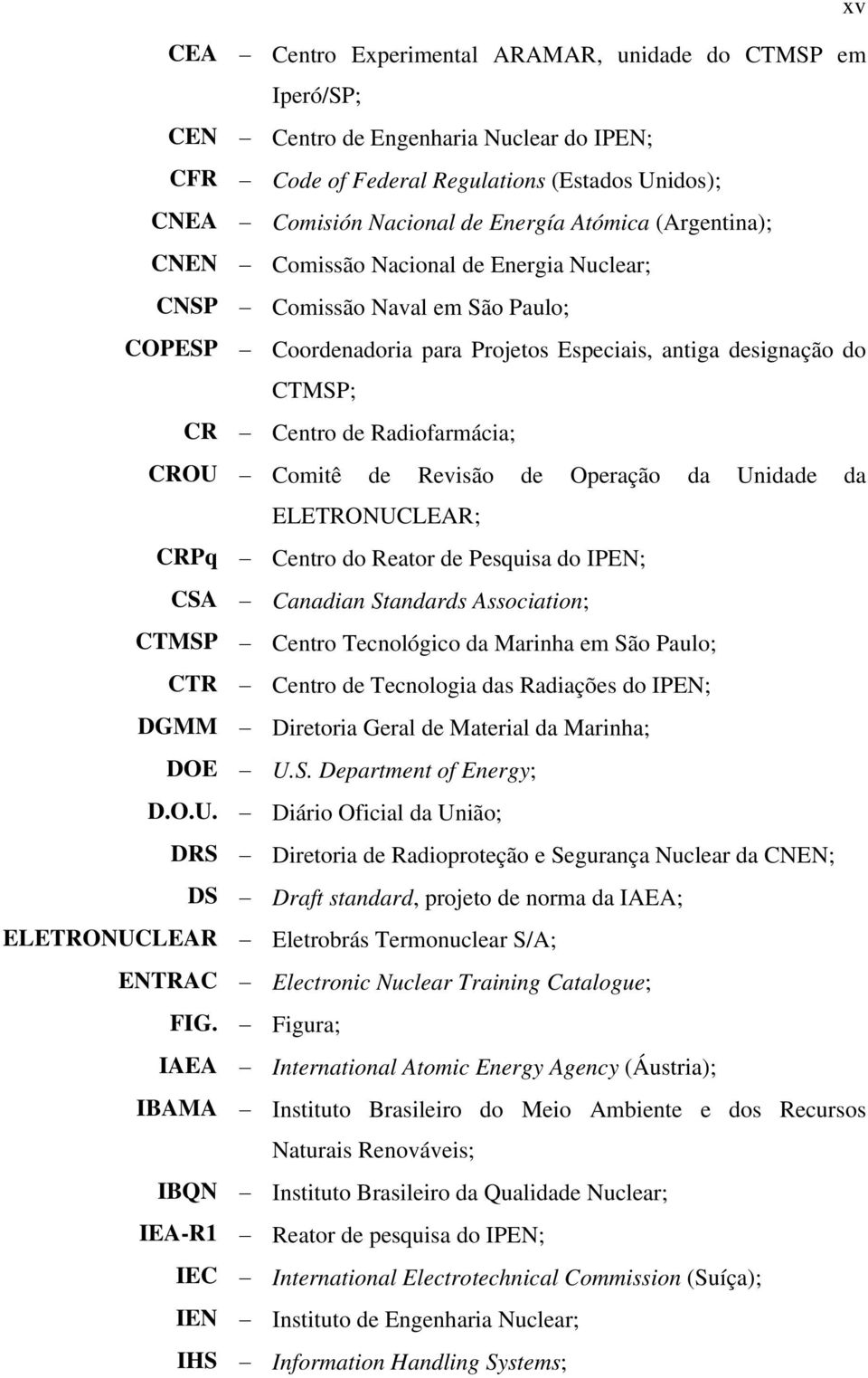 Comitê de Revisão de Operação da Unidade da ELETRONUCLEAR; CRPq Centro do Reator de Pesquisa do IPEN; CSA Canadian Standards Association; CTMSP Centro Tecnológico da Marinha em São Paulo; CTR Centro