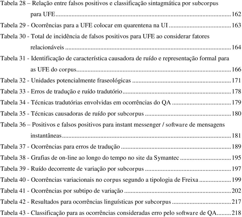 .. 164 Tabela 31 - Identificação de característica causadora de ruído e representação formal para as UFE do corpus... 166 Tabela 32 - Unidades potencialmente fraseológicas.