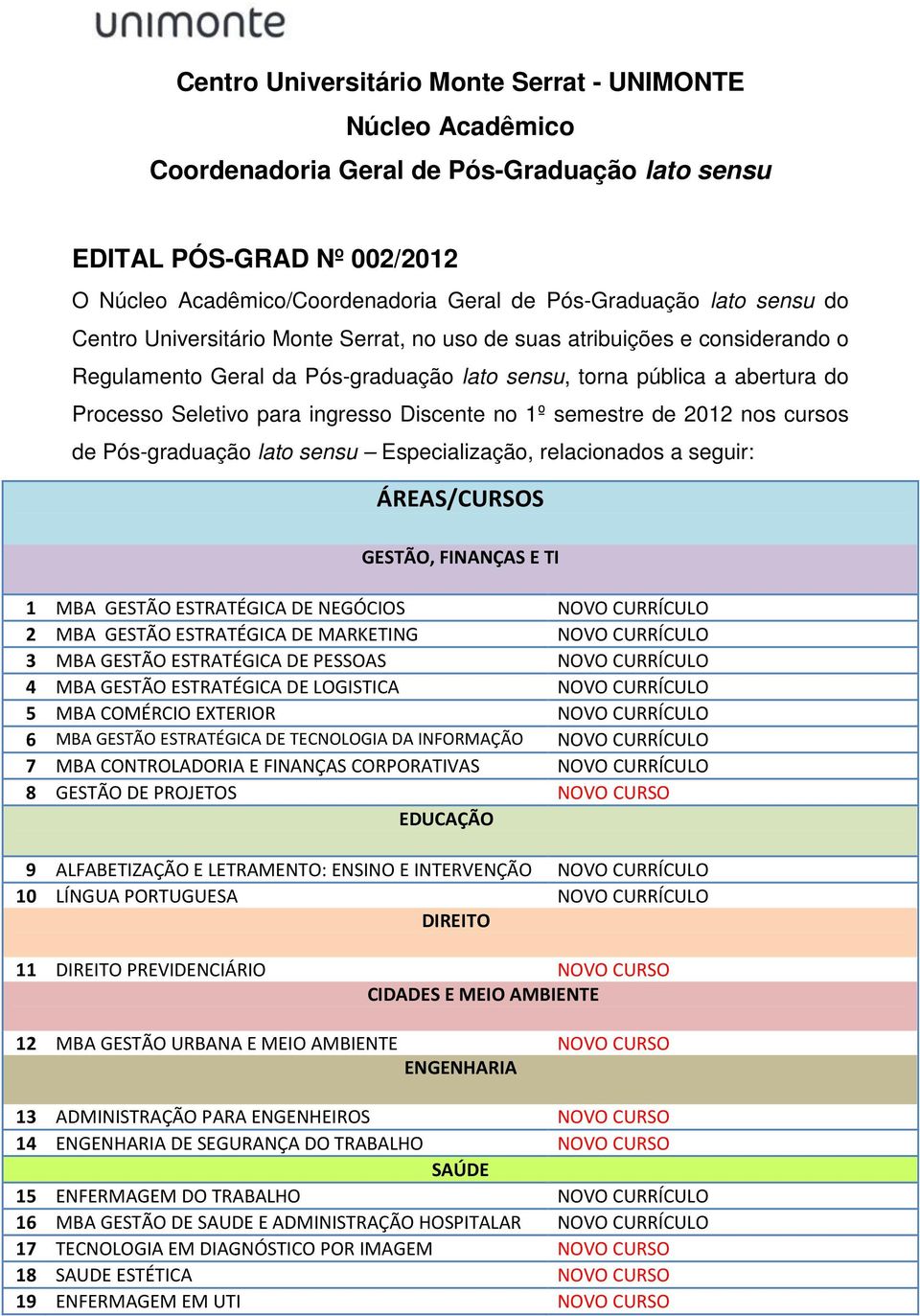 Discente no 1º semestre de 2012 nos cursos de Pós-graduação lato sensu Especialização, relacionados a seguir: ÁREAS/CURSOS GESTÃO, FINANÇAS E TI 1 MBA GESTÃO ESTRATÉGICA DE NEGÓCIOS NOVO CURRÍCULO 2