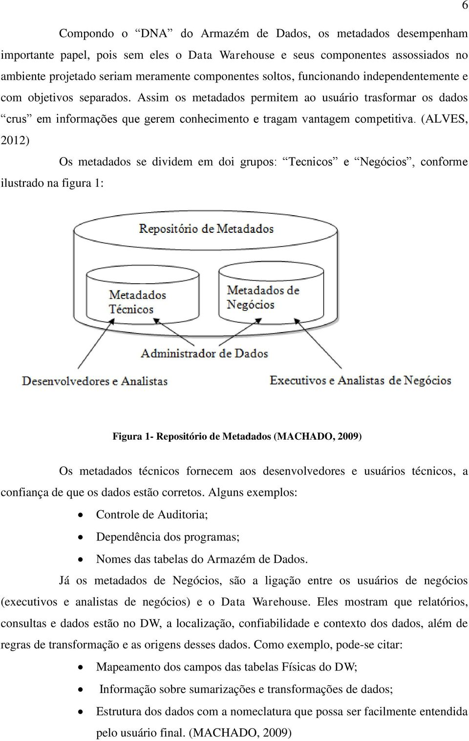 (ALVES, 2012) Os metadados se dividem em doi grupos: Tecnicos e Negócios, conforme ilustrado na figura 1: Figura 1- Repositório de Metadados (MACHADO, 2009) Os metadados técnicos fornecem aos