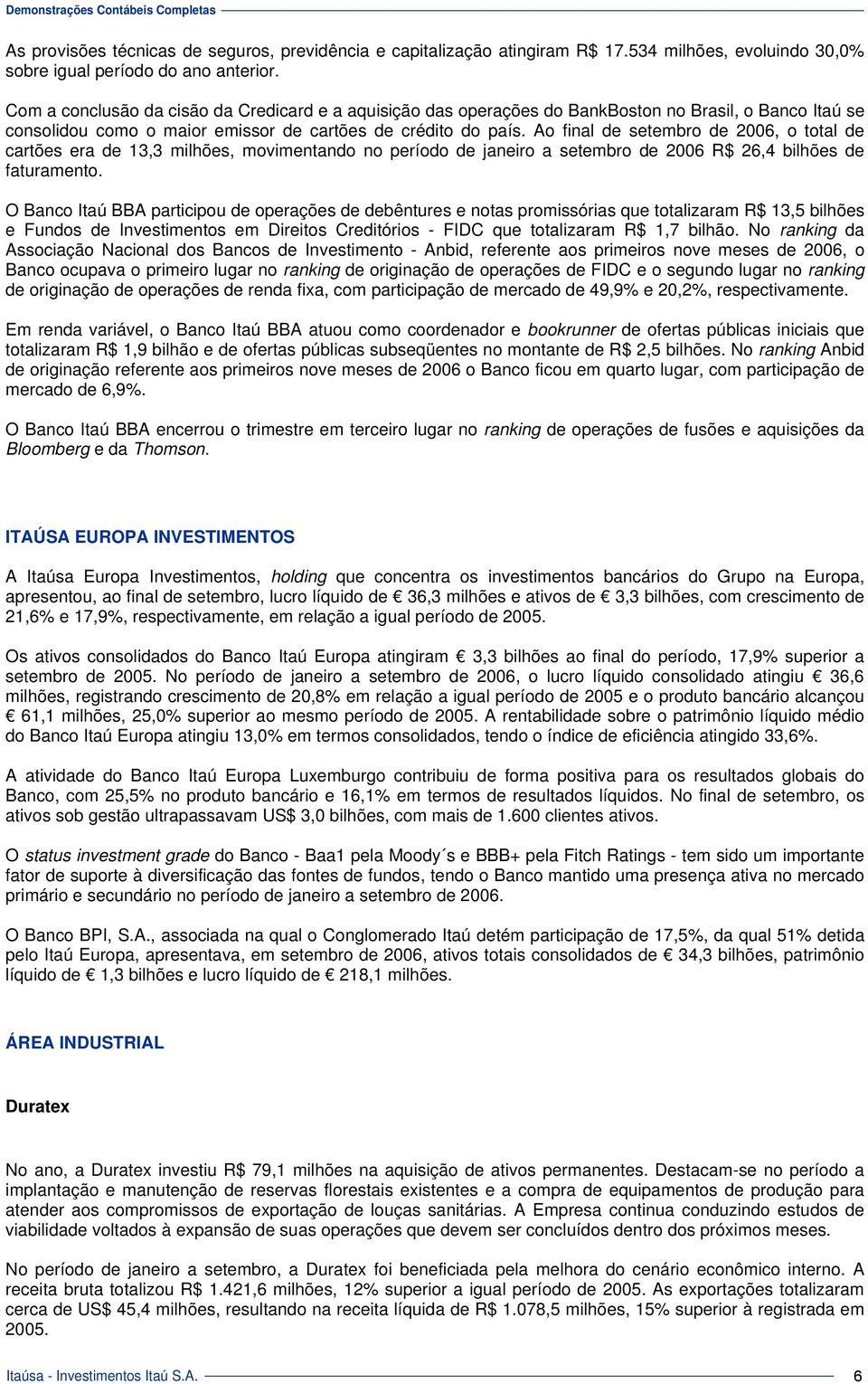 Ao final de setembro de 2006, o total de cartões era de 13,3 milhões, movimentando no período de janeiro a setembro de 2006 R$ 26,4 bilhões de faturamento.