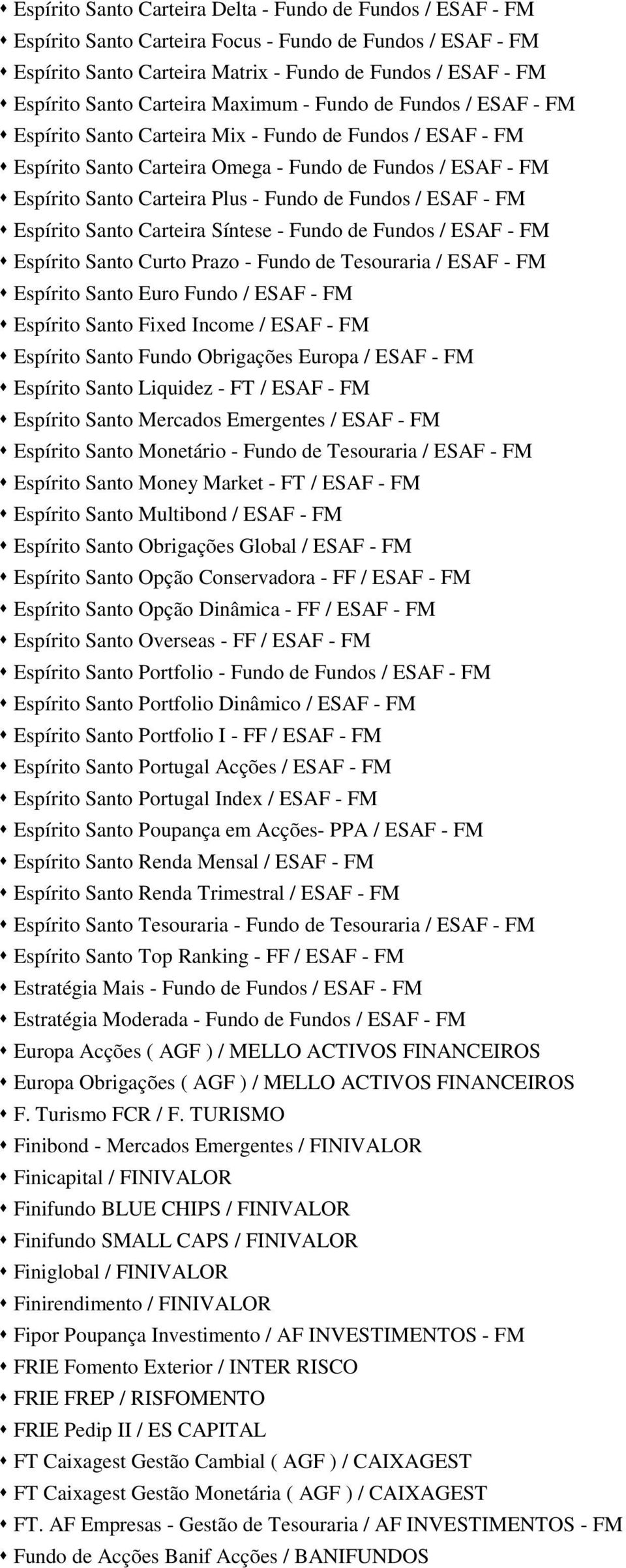 Carteira Plus - Fundo de Fundos / ESAF - FM Œ Espírito Santo Carteira Síntese - Fundo de Fundos / ESAF - FM Œ Espírito Santo Curto Prazo - Fundo de Tesouraria / ESAF - FM Œ Espírito Santo Euro Fundo