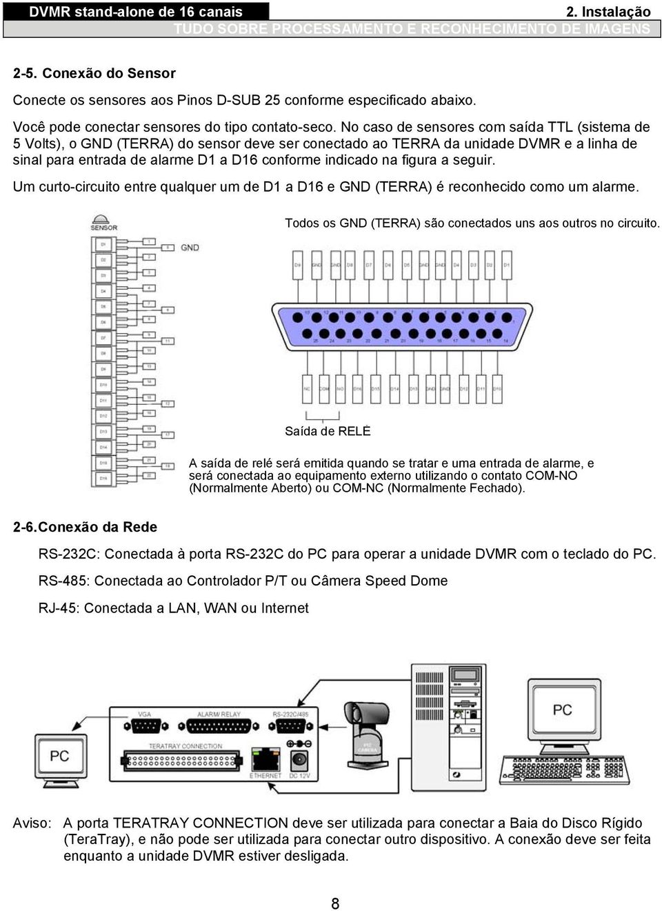 figura a seguir. Um curto-circuito entre qualquer um de D1 a D16 e GND (TERRA) é reconhecido como um alarme. Todos os GND (TERRA) são conectados uns aos outros no circuito.