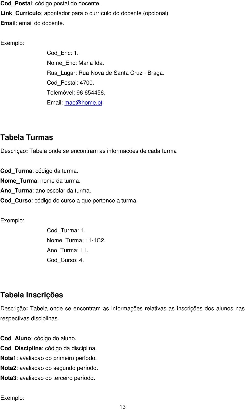 Tabela Turmas Descrição: Tabela onde se encontram as informações de cada turma Cod_Turma: código da turma. Nome_Turma: nome da turma. Ano_Turma: ano escolar da turma.