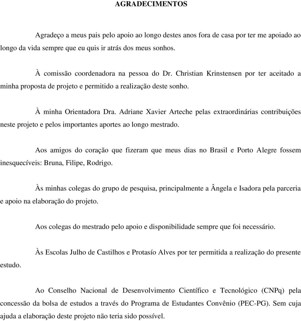 Adriane Xavier Arteche pelas extraordinárias contribuições neste projeto e pelos importantes aportes ao longo mestrado.