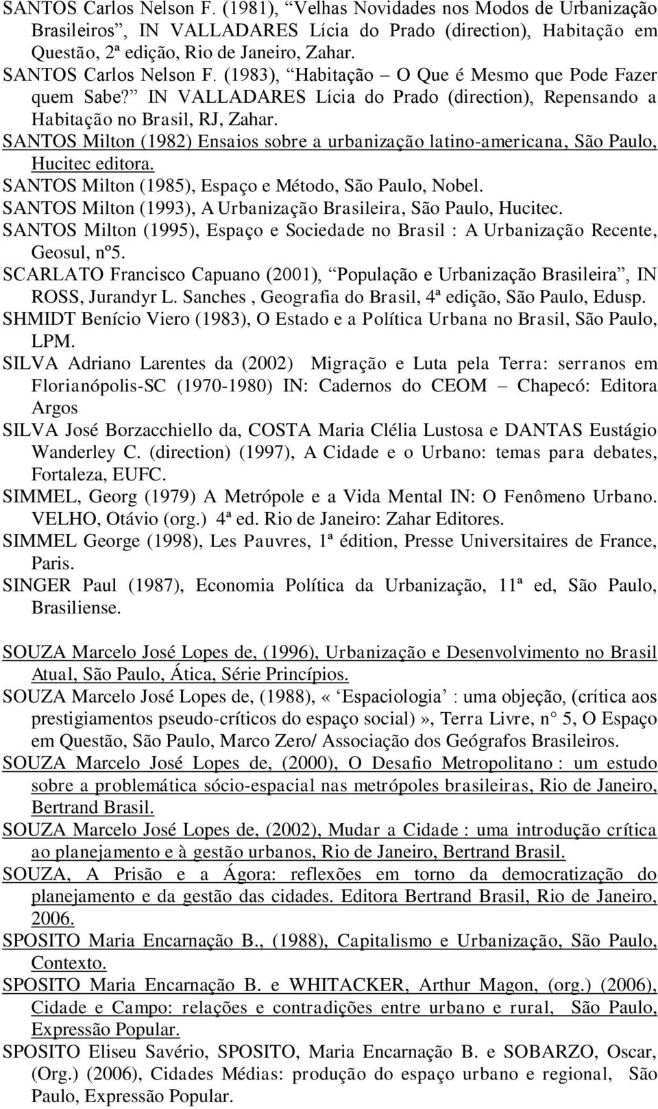 SANTOS Milton (1982) Ensaios sobre a urbanização latino-americana, São Paulo, Hucitec editora. SANTOS Milton (1985), Espaço e Método, São Paulo, Nobel.