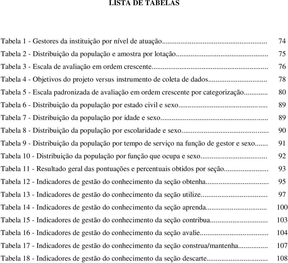 .. 80 Tabela 6 - Distribuição da população por estado civil e sexo... 89 Tabela 7 - Distribuição da população por idade e sexo... 89 Tabela 8 - Distribuição da população por escolaridade e sexo.