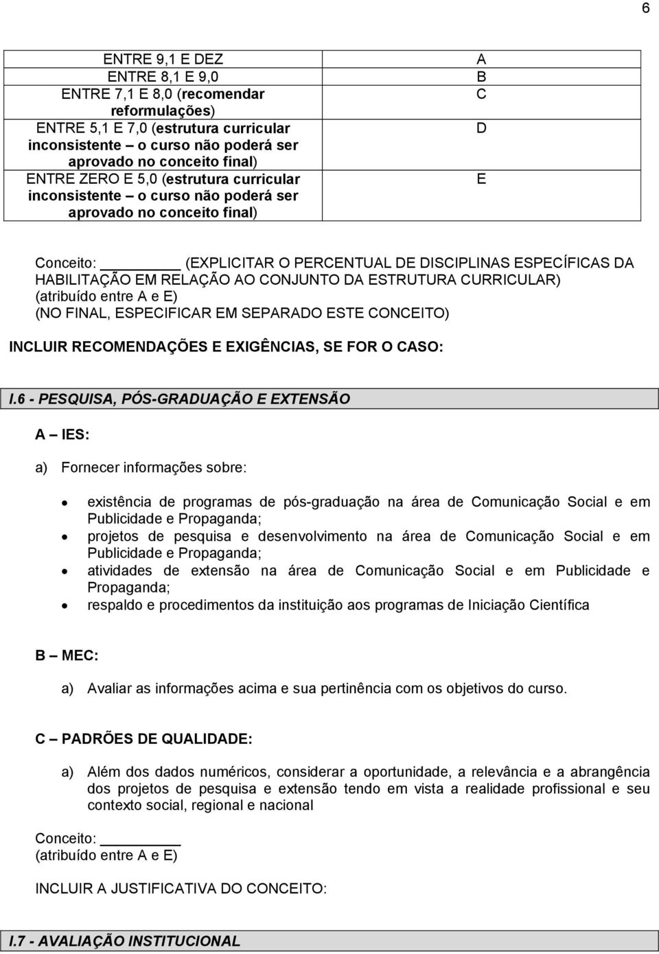 CURRICULAR) (NO FINAL, ESPECIFICAR EM SEPARADO ESTE CONCEITO) INCLUIR RECOMENDAÇÕES E EXIGÊNCIAS, SE FOR O CASO: I.