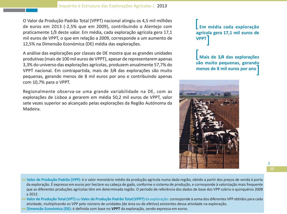 Em média, cada exploração agrícola gera 17,1 mil euros de VPPT, o que em relação a 2009, corresponde a um aumento de 12,5% na Dimensão Económica (DE) média das explorações.