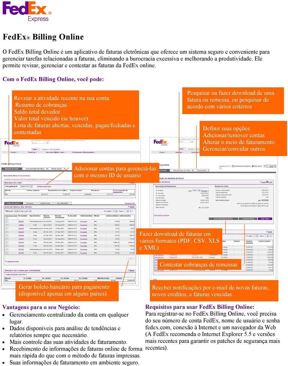 Com o FedEx Billing Online, você pode: Revisar a atividade recente na sua conta: Resumo de cobranças Saldo total devedor Valor total vencido (se houver) Lista de faturas abertas, vencidas,